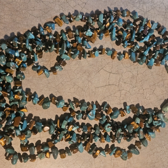 VINTAGE MULTI STRAND TURQUOISE AND TIGERS EYE NECKLACE. STATEMENT!! 925 TOGGLE - Picture 2 of 4